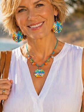 Set, earrings and necklace, NWOT.  Beads, shells, painted medallion
